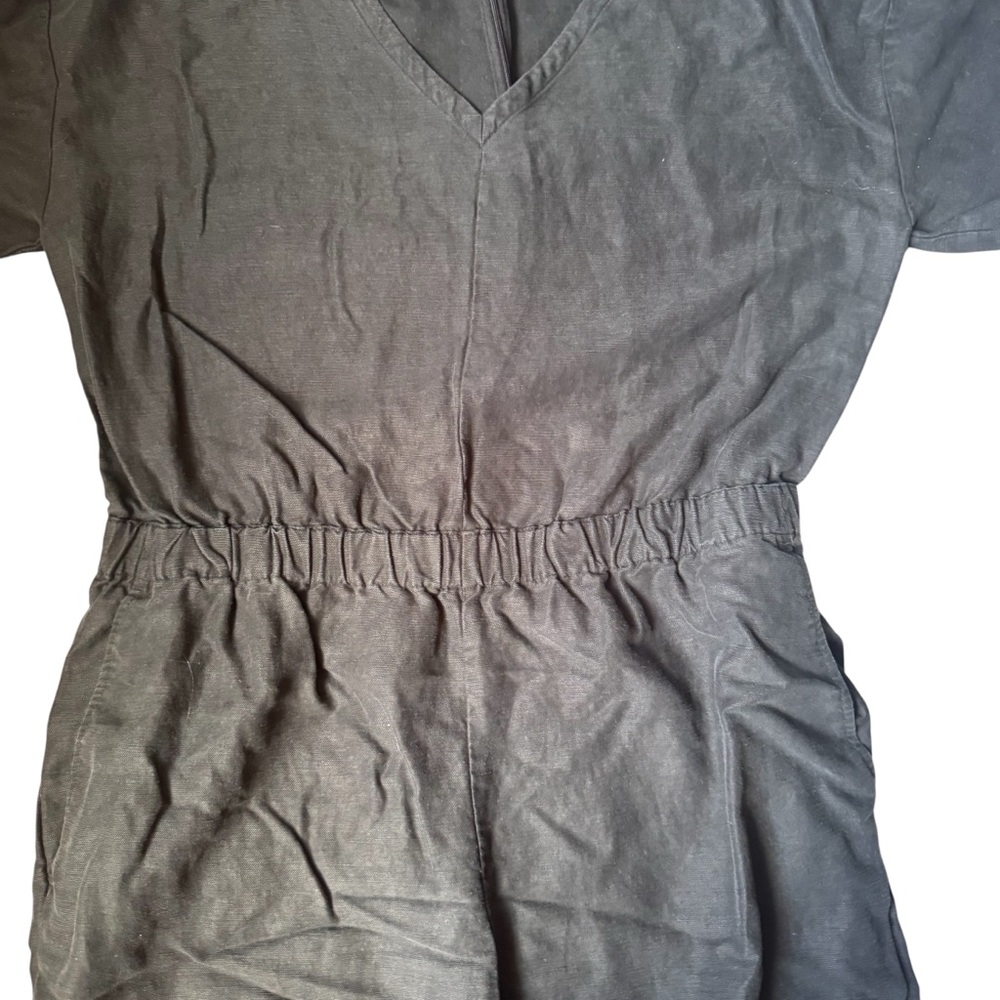 Eileen Fisher Black Short-Sleeve V-Neck Linen-Blend Jumpsuit - Picture 3 of 7